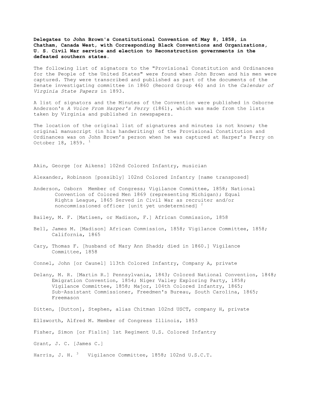 Delegates to John Brown's Constitutional Convention of May 8, 1858, in Chatham, Canada West, with Corresponding Black Conventions and Organizations, U