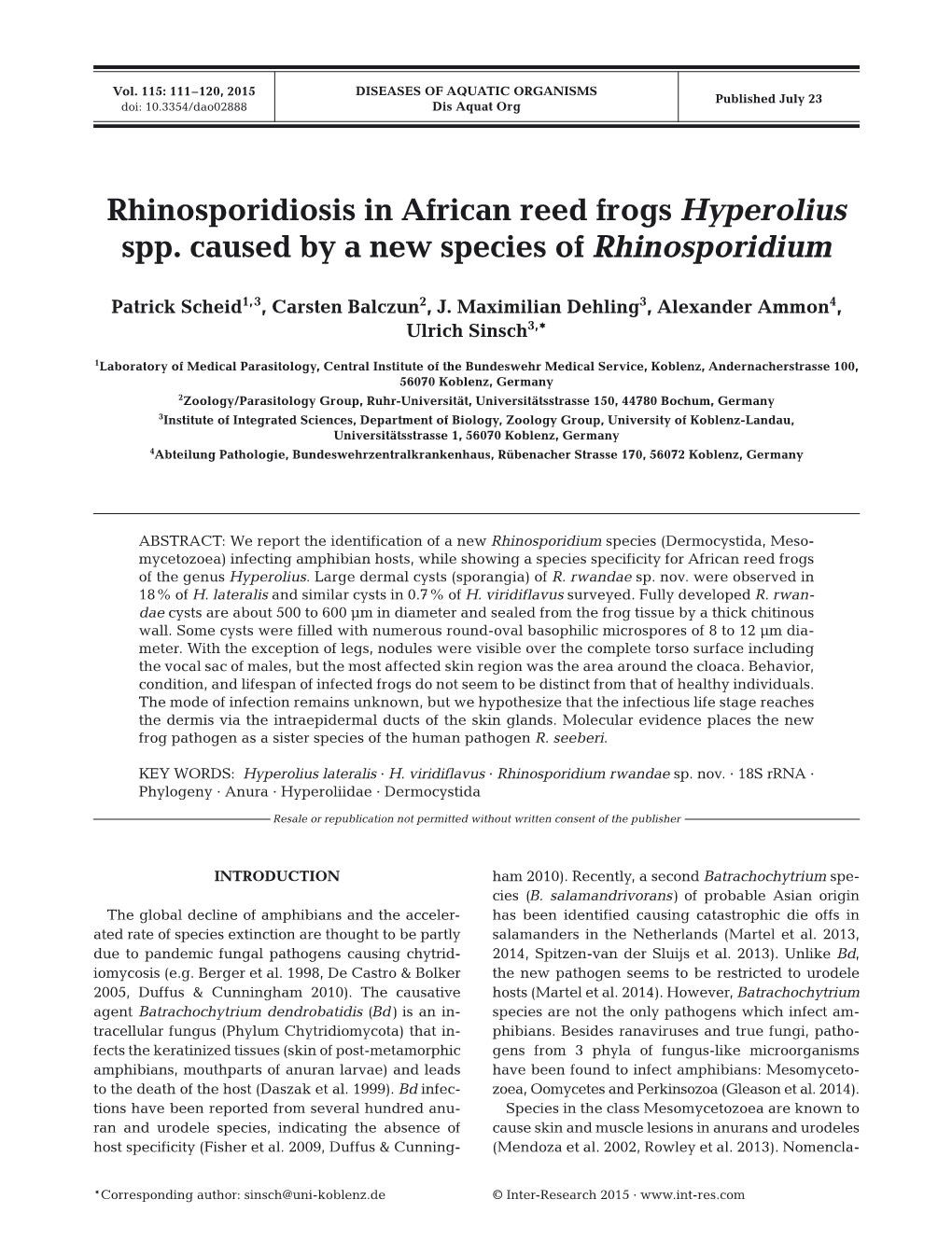 Rhinosporidiosis in African Reed Frogs Hyperolius Spp. Caused by a New Species of Rhinosporidium