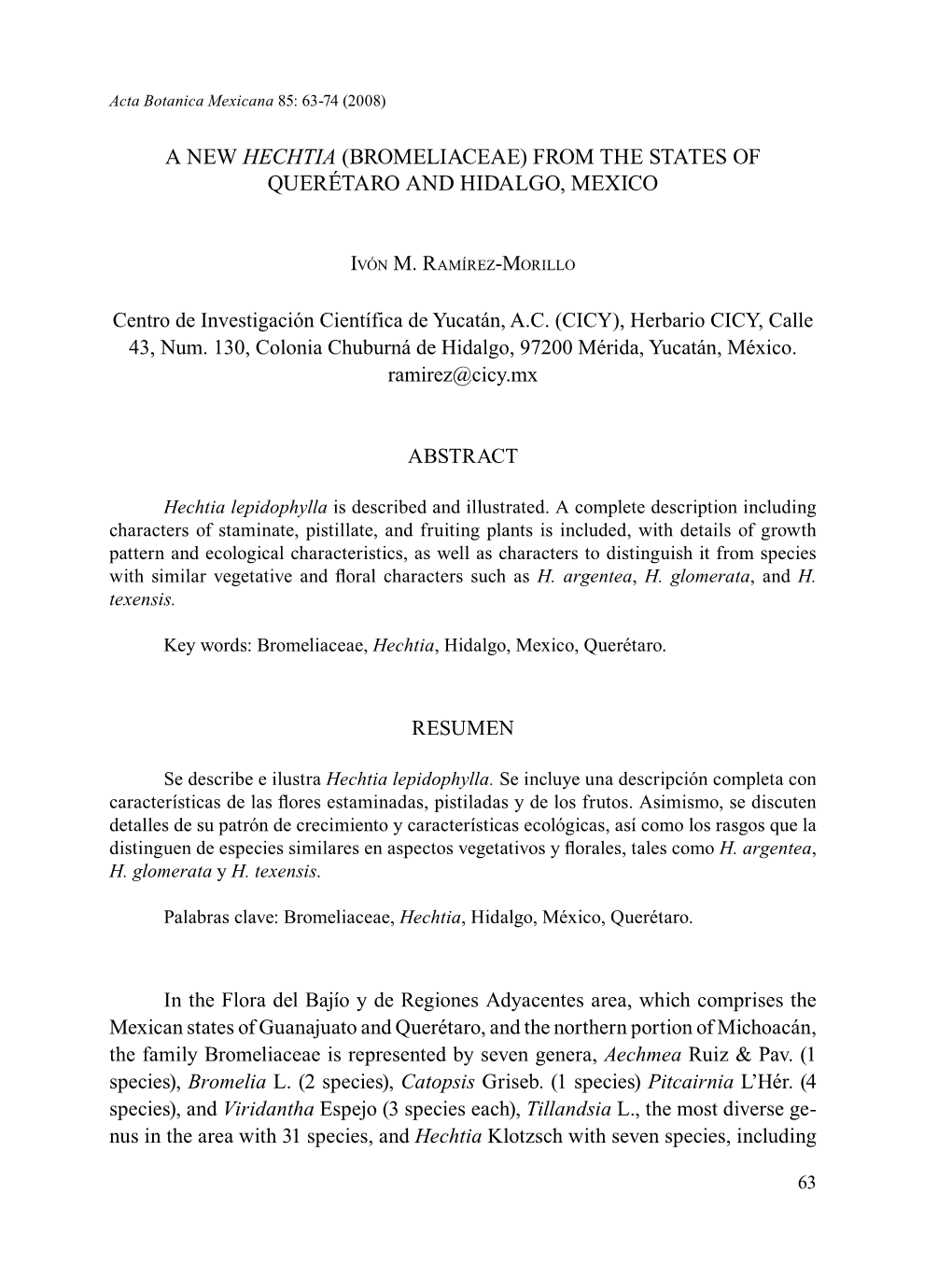 A New Hechtia (Bromeliaceae) from the States of Querétaro and Hidalgo, Mexico