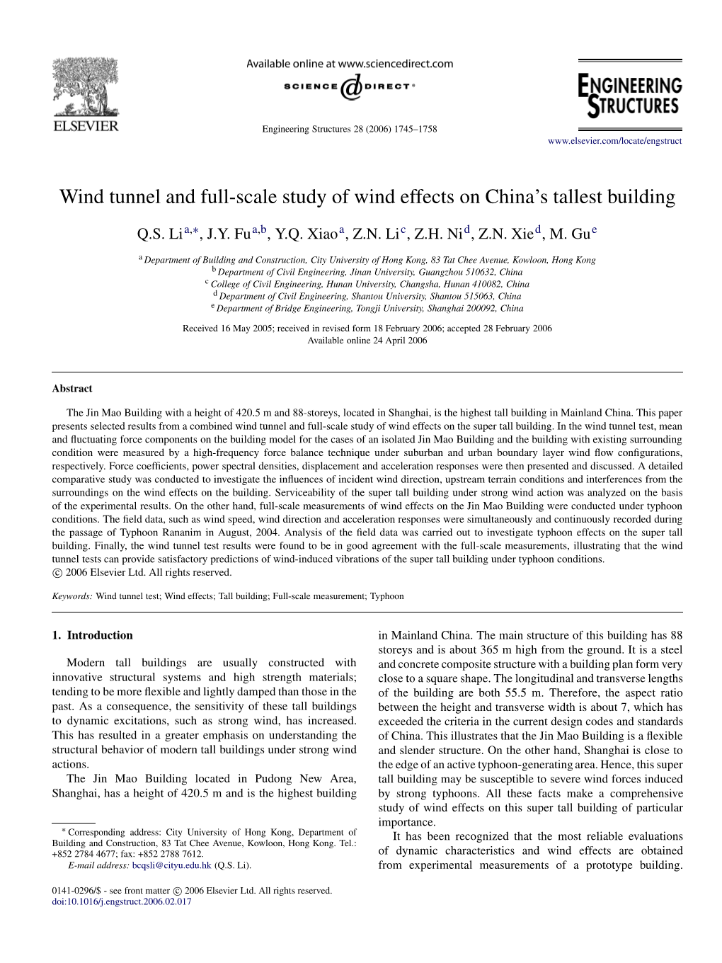 Wind Tunnel and Full-Scale Study of Wind Effects on China's Tallest Building