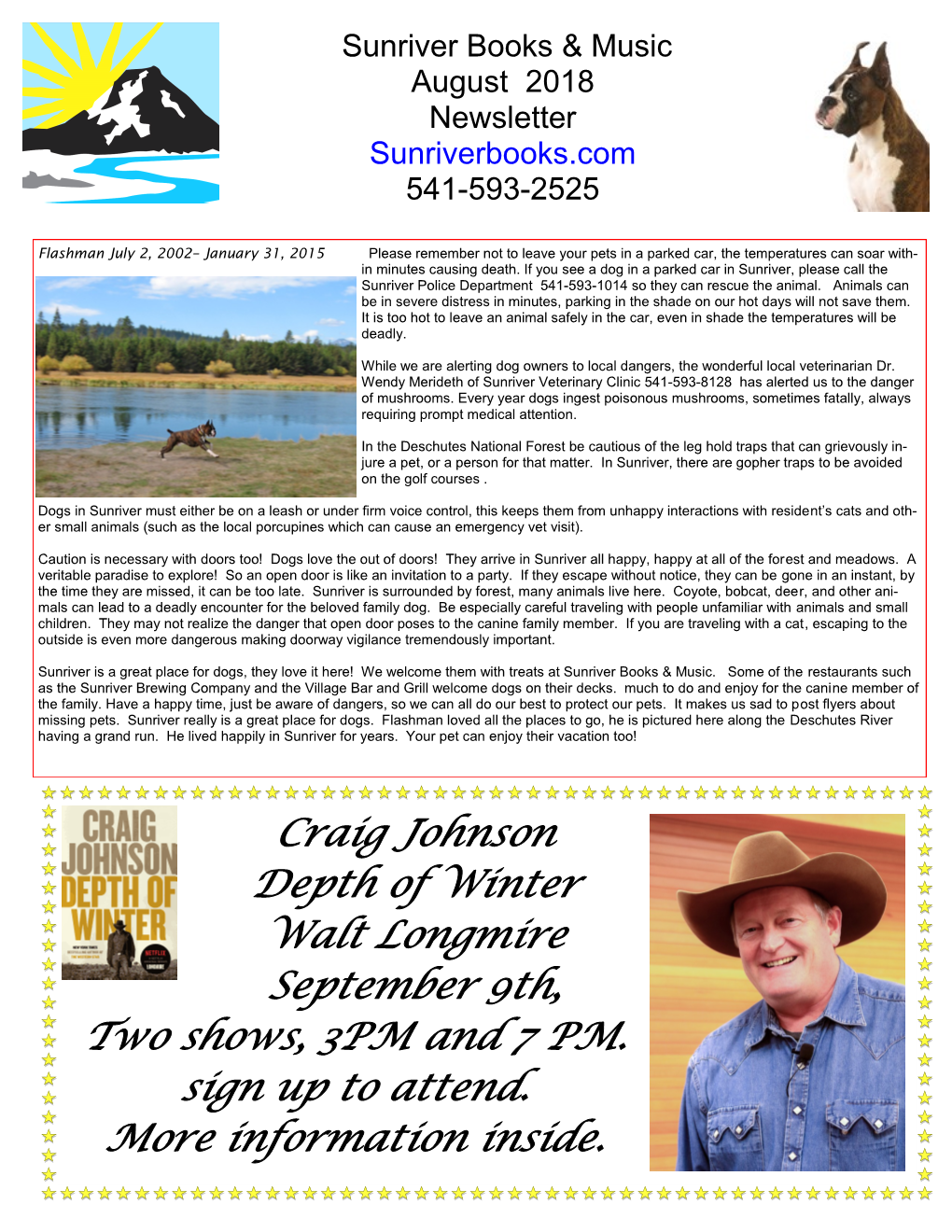 Craig Johnson Depth of Winter Walt Longmire September 9Th, Two Shows, 3PM and 7 PM