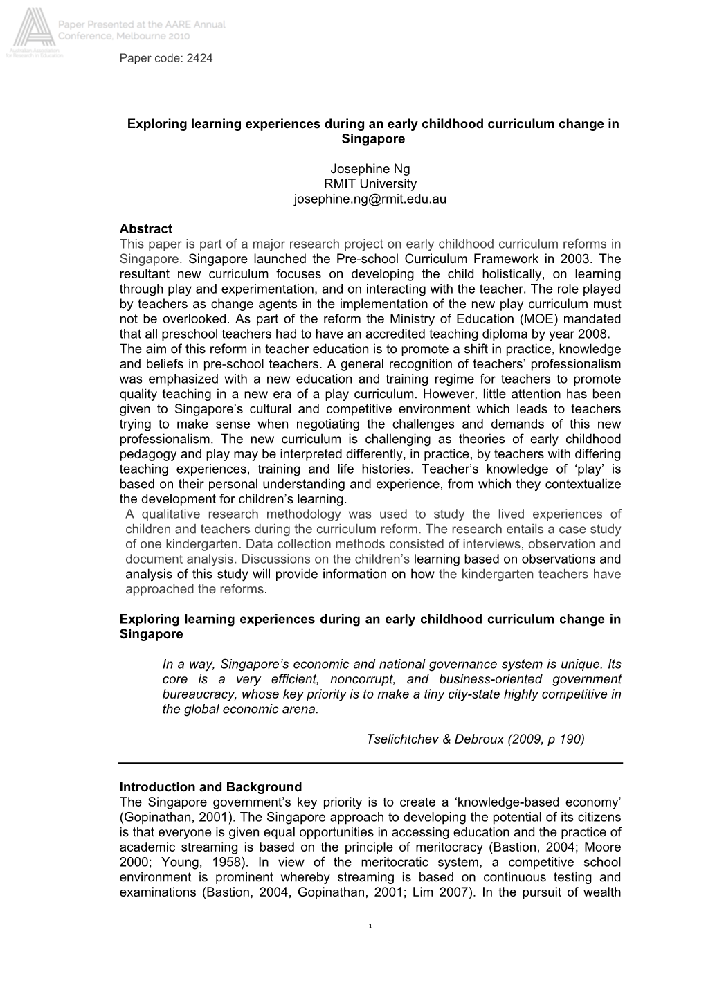 Exploring Learning Experiences During an Early Childhood Curriculum Change in Singapore