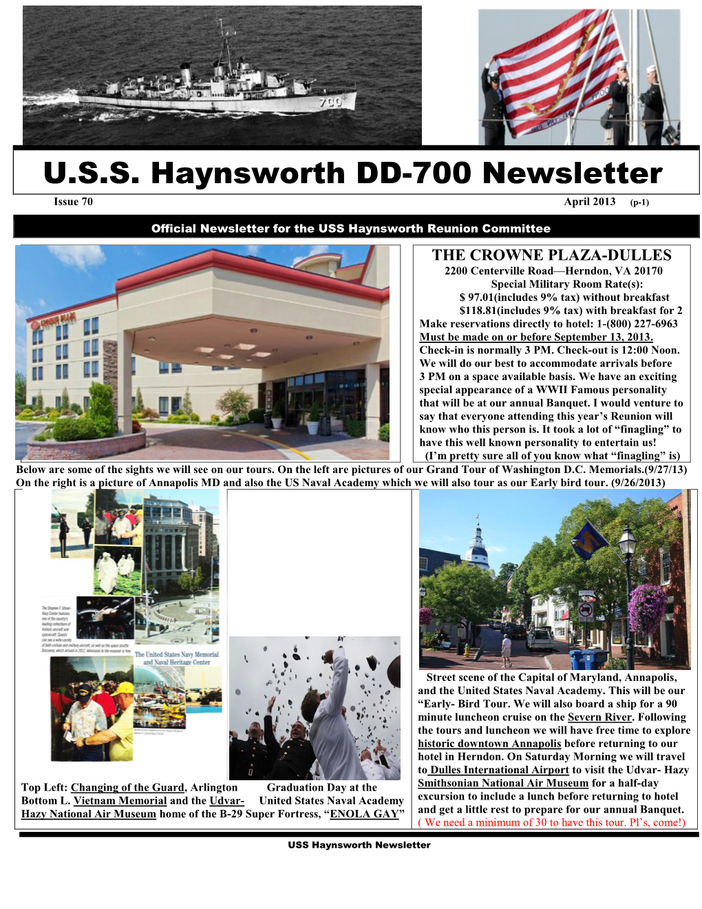 U.S.S. Haynsworth DD-700 Newsletter Issue 70 April 2013 (P-1)