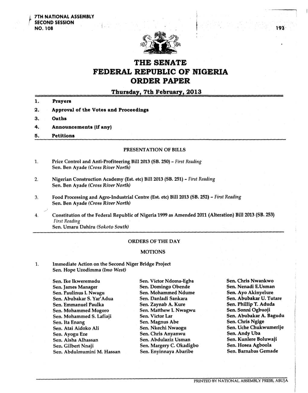 FEDERAL REPUBLIC of NIGERIA ORDER PAPER Thursday, 7Th February, 2013 1