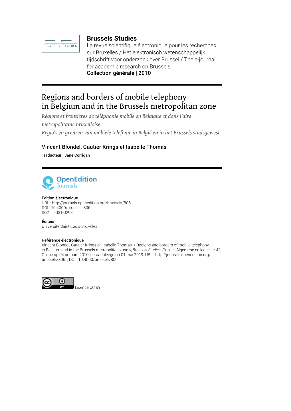 Regions and Borders of Mobile Telephony in Belgium and in the Brussels Metropolitan Zone