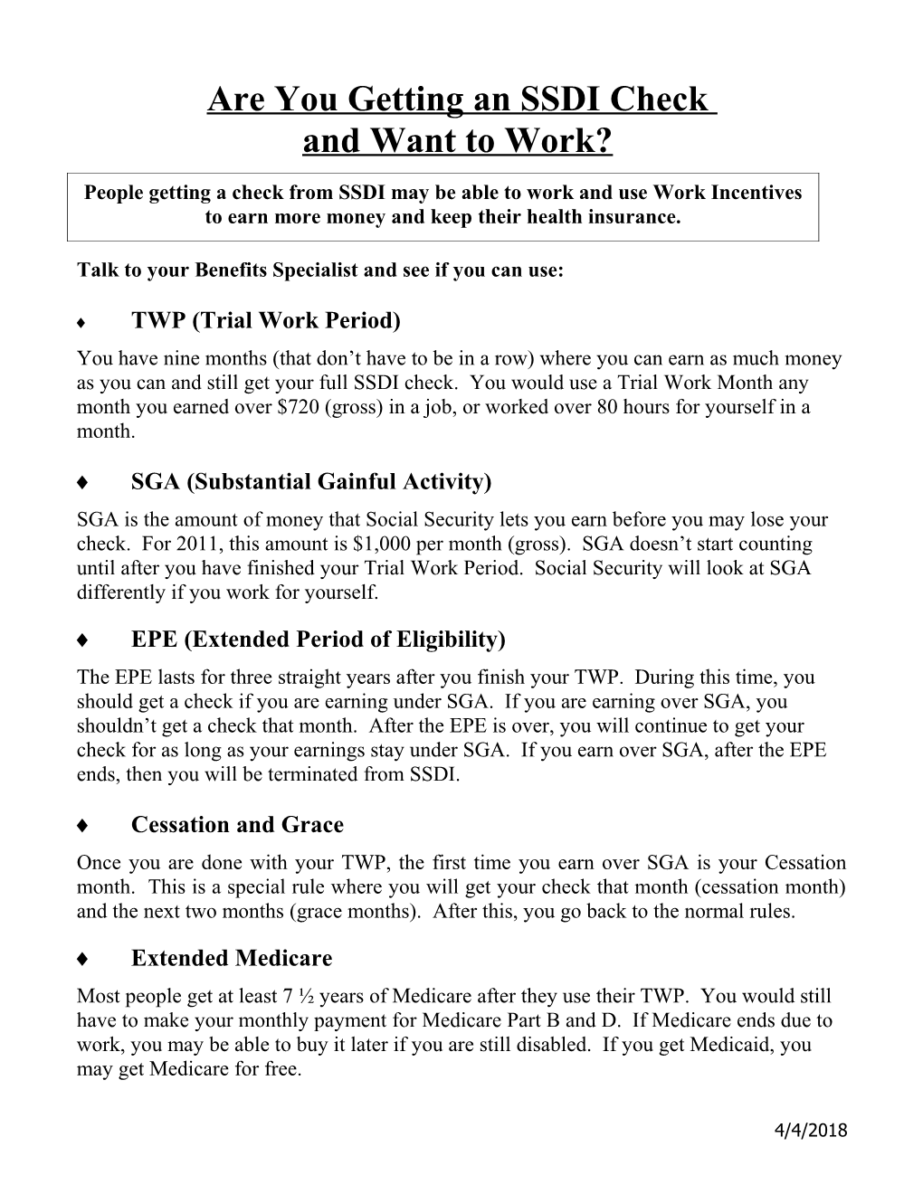 SSDI Title II Social Security Disability Work Incentives