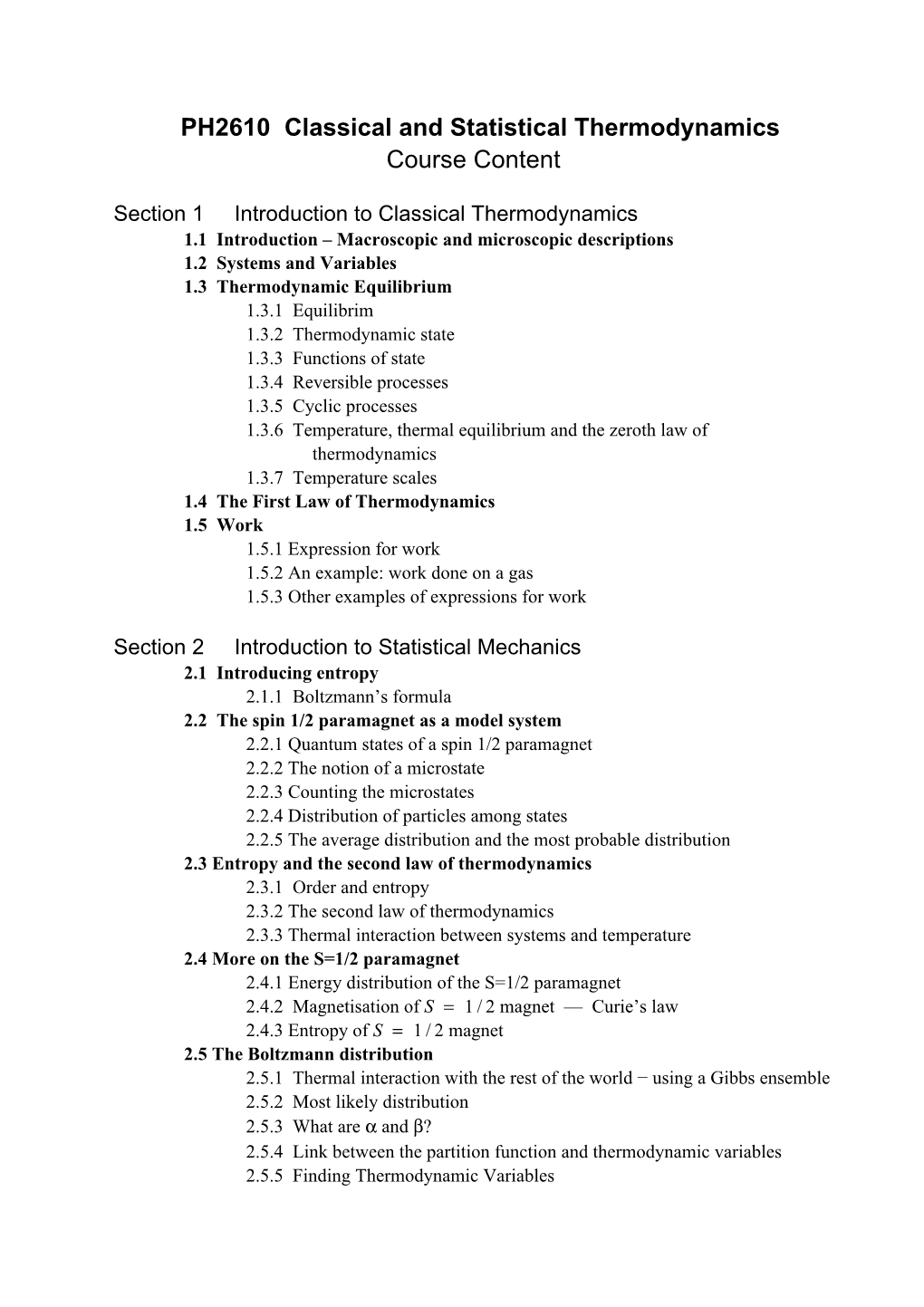 PH2610 Classical and Statistical Thermodynamics Course Content