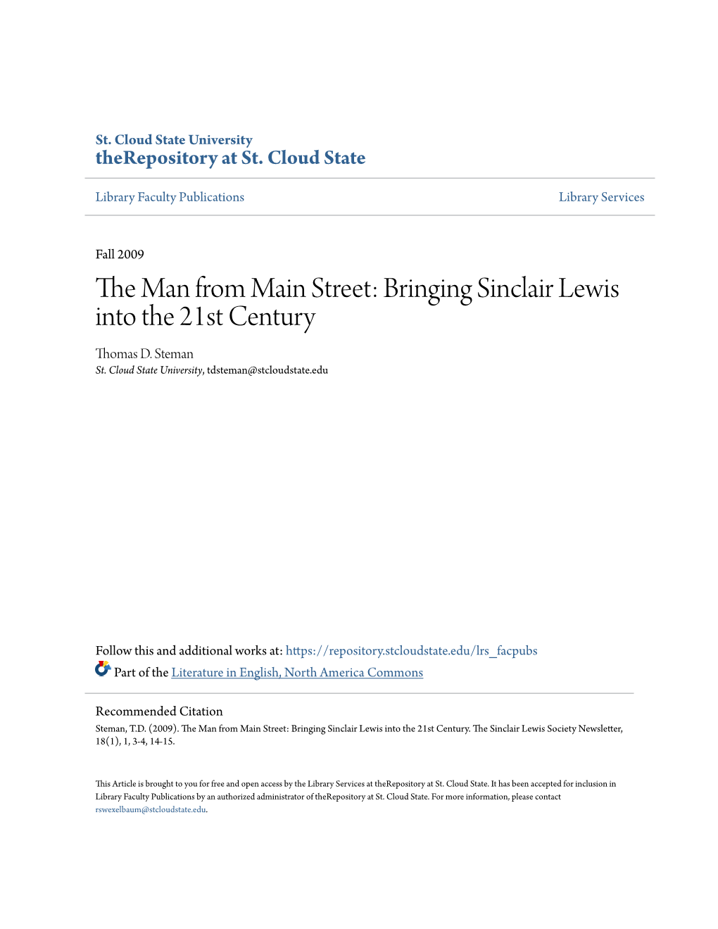 The Man from Main Street: Bringing Sinclair Lewis Into the 21St Century