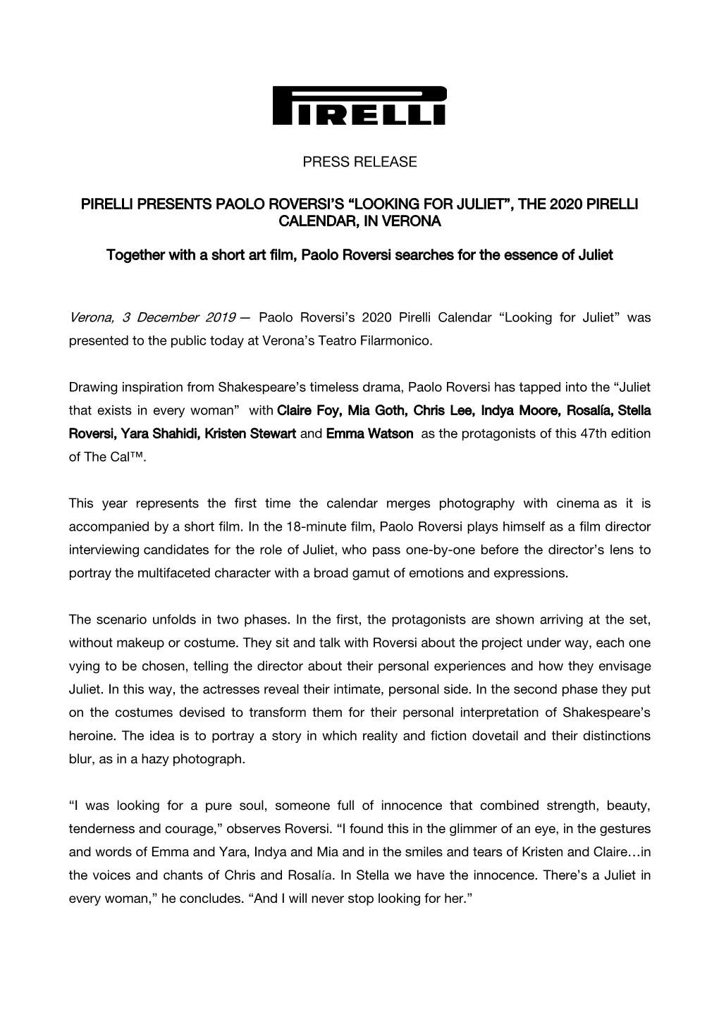 Press Release Pirelli Presents Paolo Roversi's