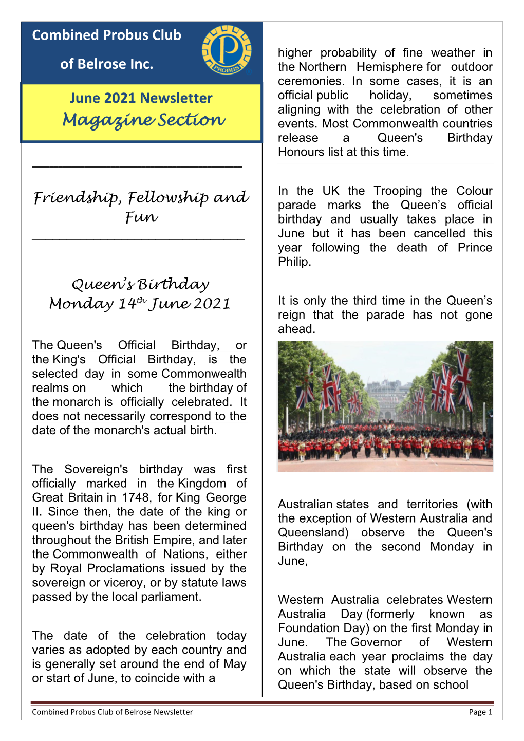 June 2021 Newsletter Magazine Section Combined Probus Club Of