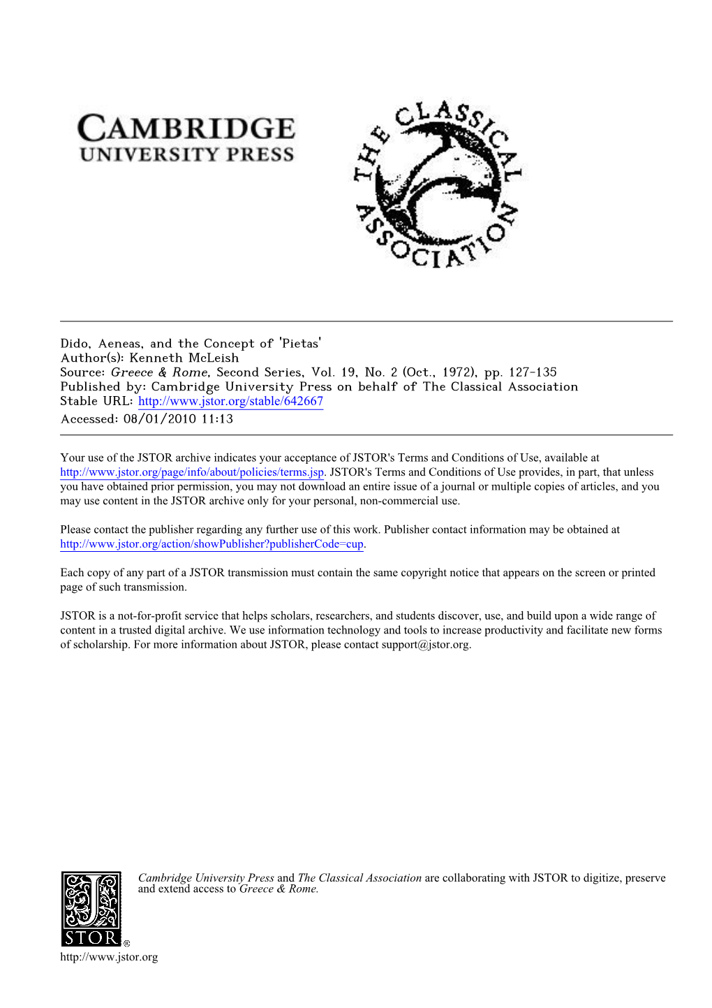 Dido, Aeneas, and the Concept of 'Pietas' Author(S): Kenneth Mcleish Source: Greece & Rome, Second Series, Vol