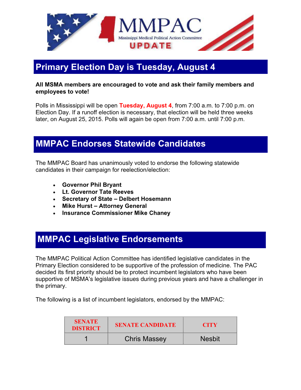 MMPAC Statewide and Legislative Endorsements