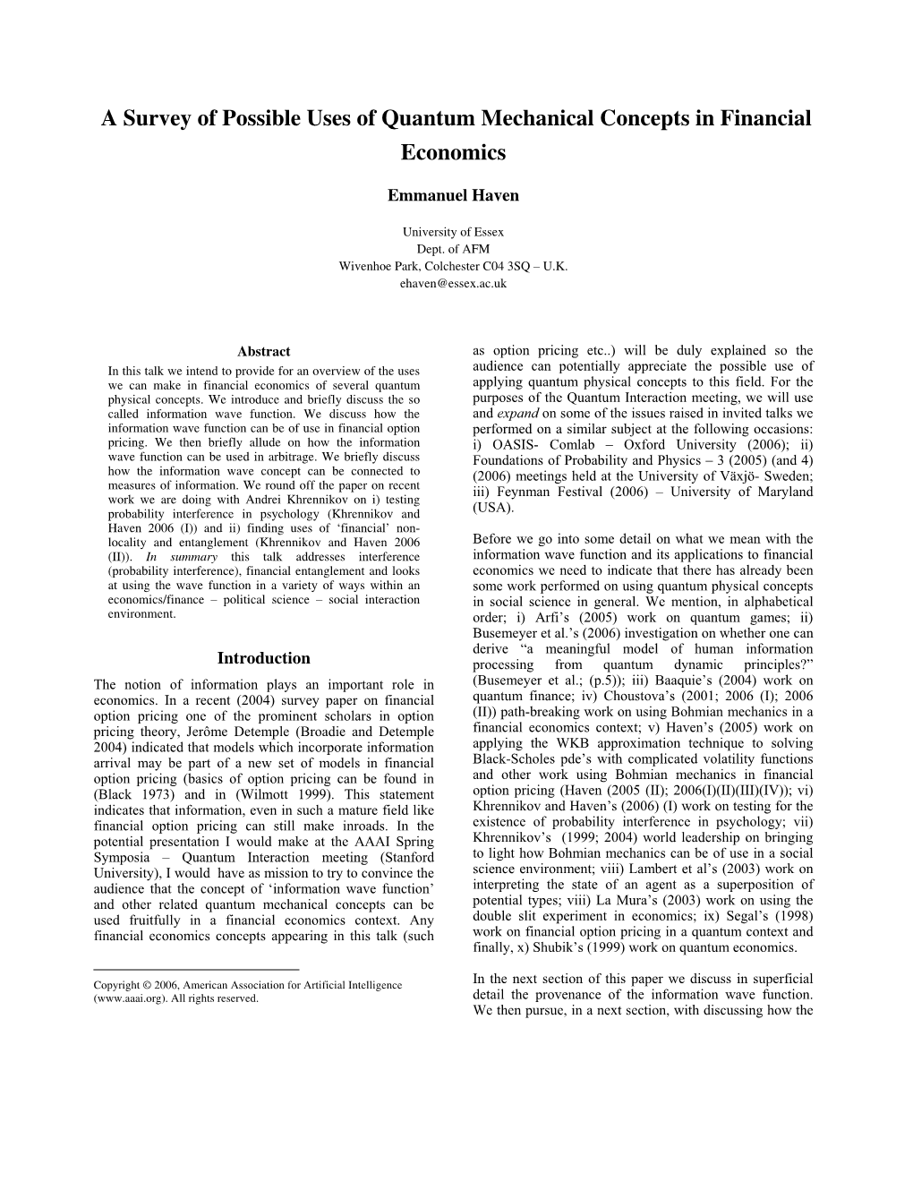 A Survey of Possible Uses of Quantum Mechanical Concepts in Financial Economics