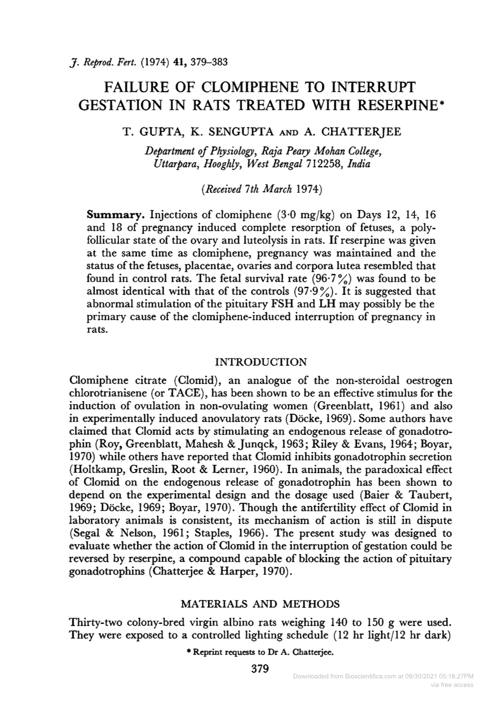 FAILURE of CLOMIPHENE TOINTERRUPT Department