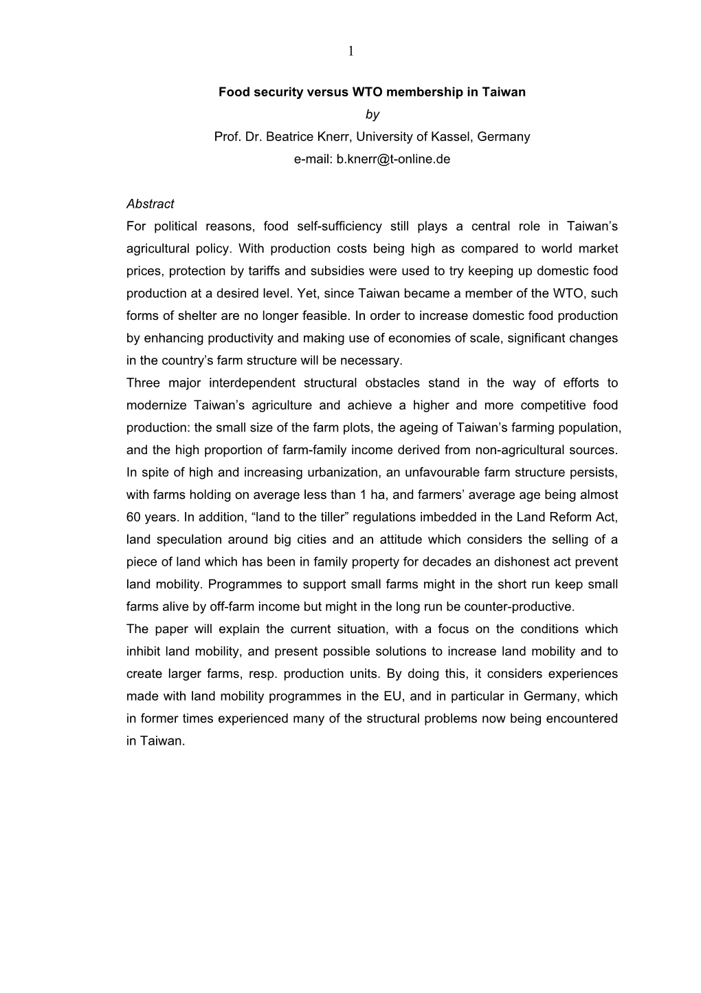 Food Security Versus WTO Membership in Taiwan by Prof