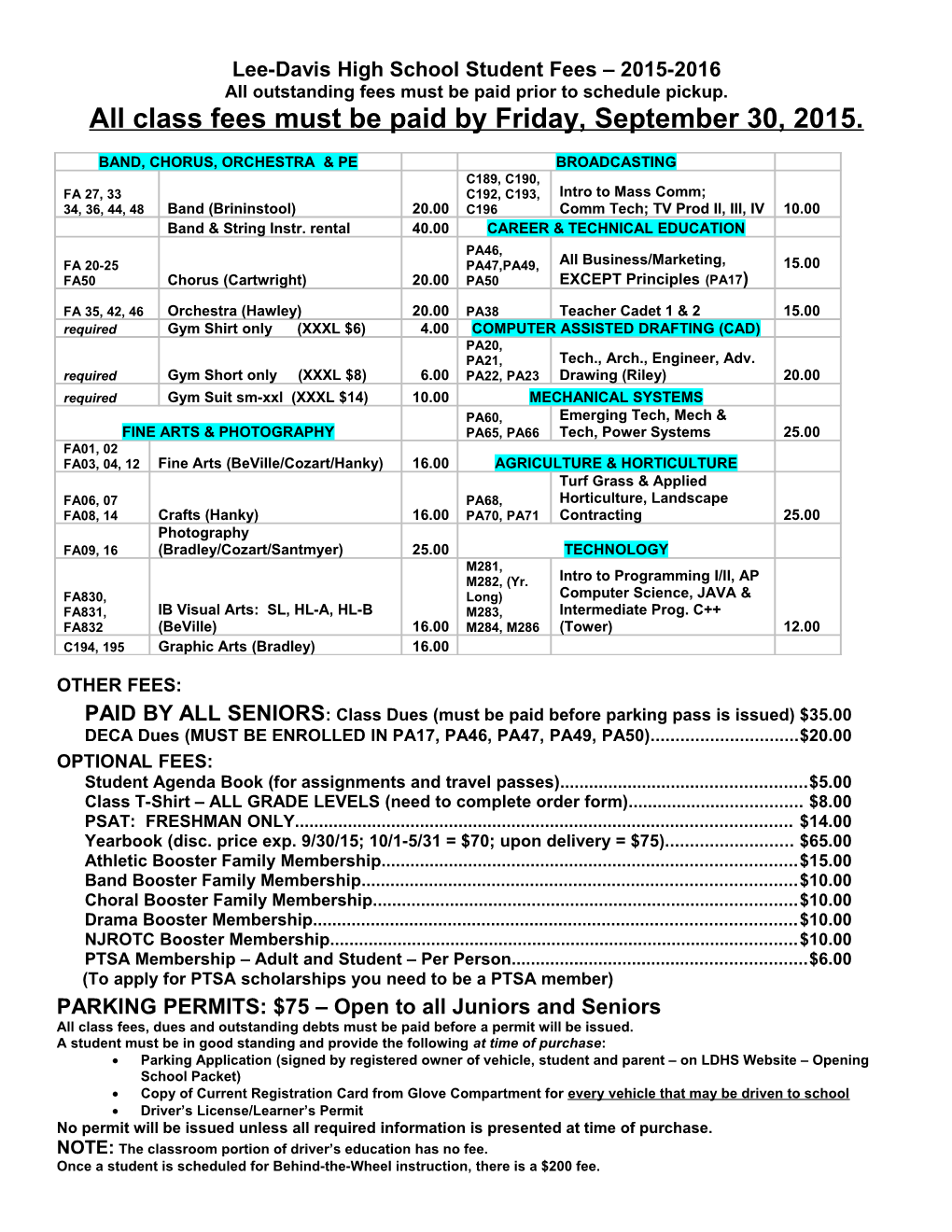 Lee-Davis High School Student Fees