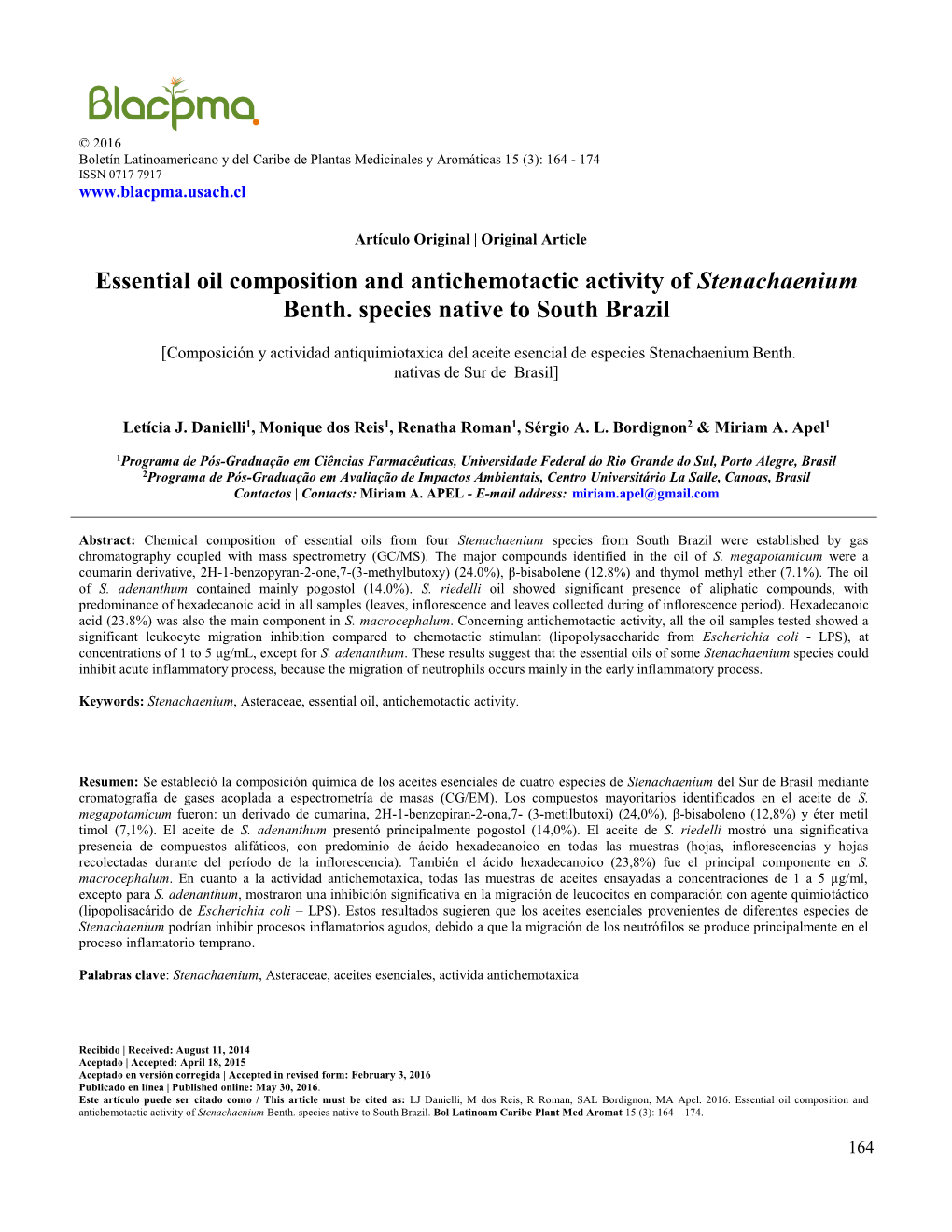 Essential Oil Composition and Antichemotactic Activity of Stenachaenium Benth