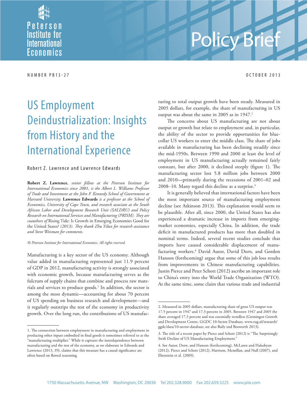 Policy Brief 13-27: US Employment Deindustrialization