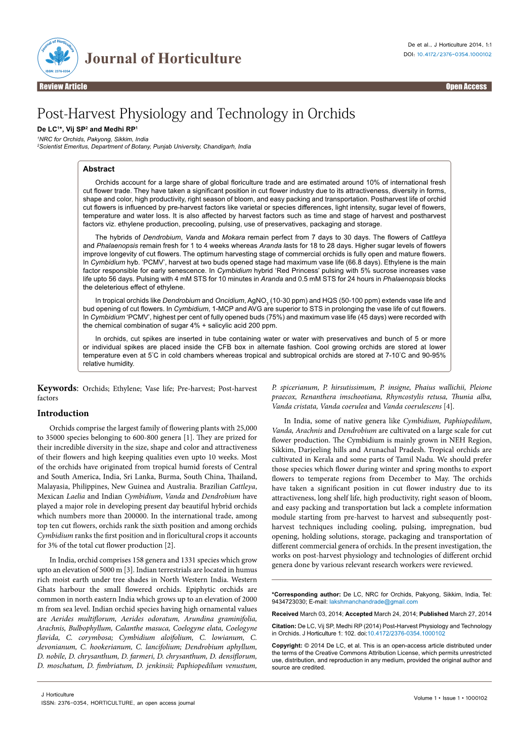 Post- Harvest Physiology and Technology in Orchids