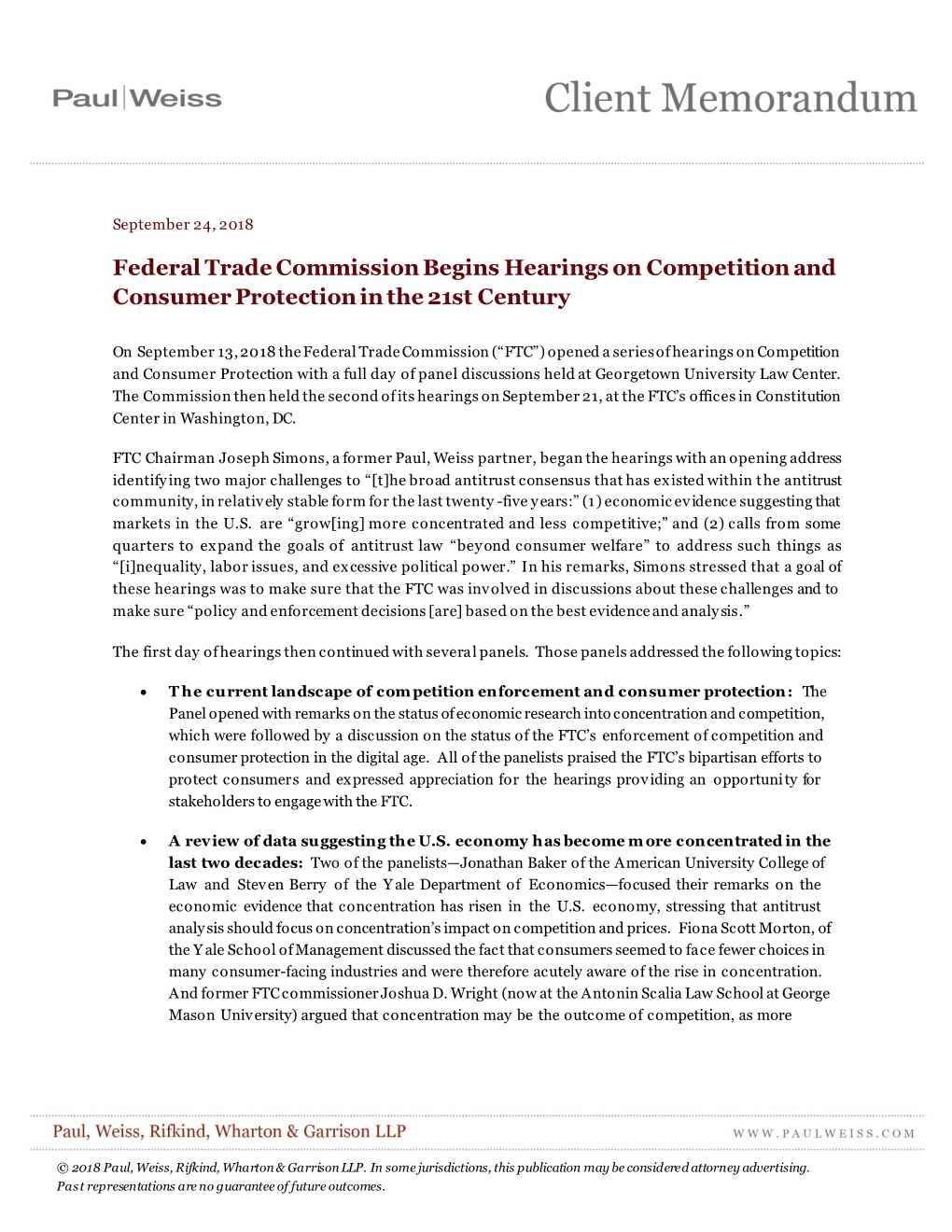 Federal Trade Commission Begins Hearings on Competition and Consumer Protection in the 21St Century