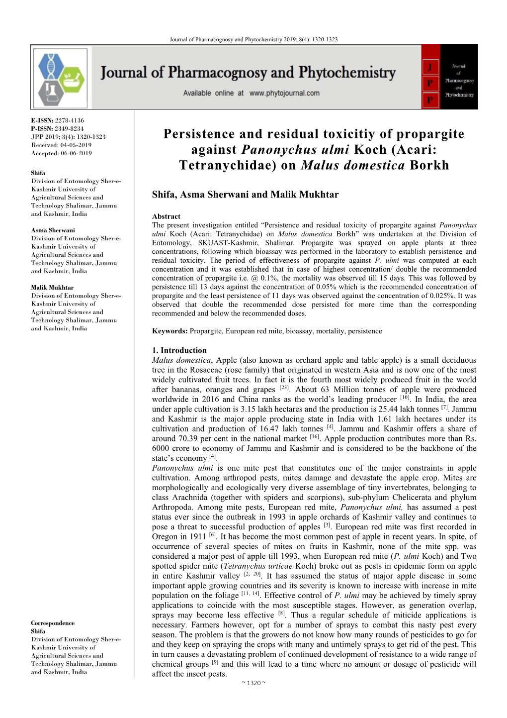 Persistence and Residual Toxicitiy of Propargite Against Panonychus