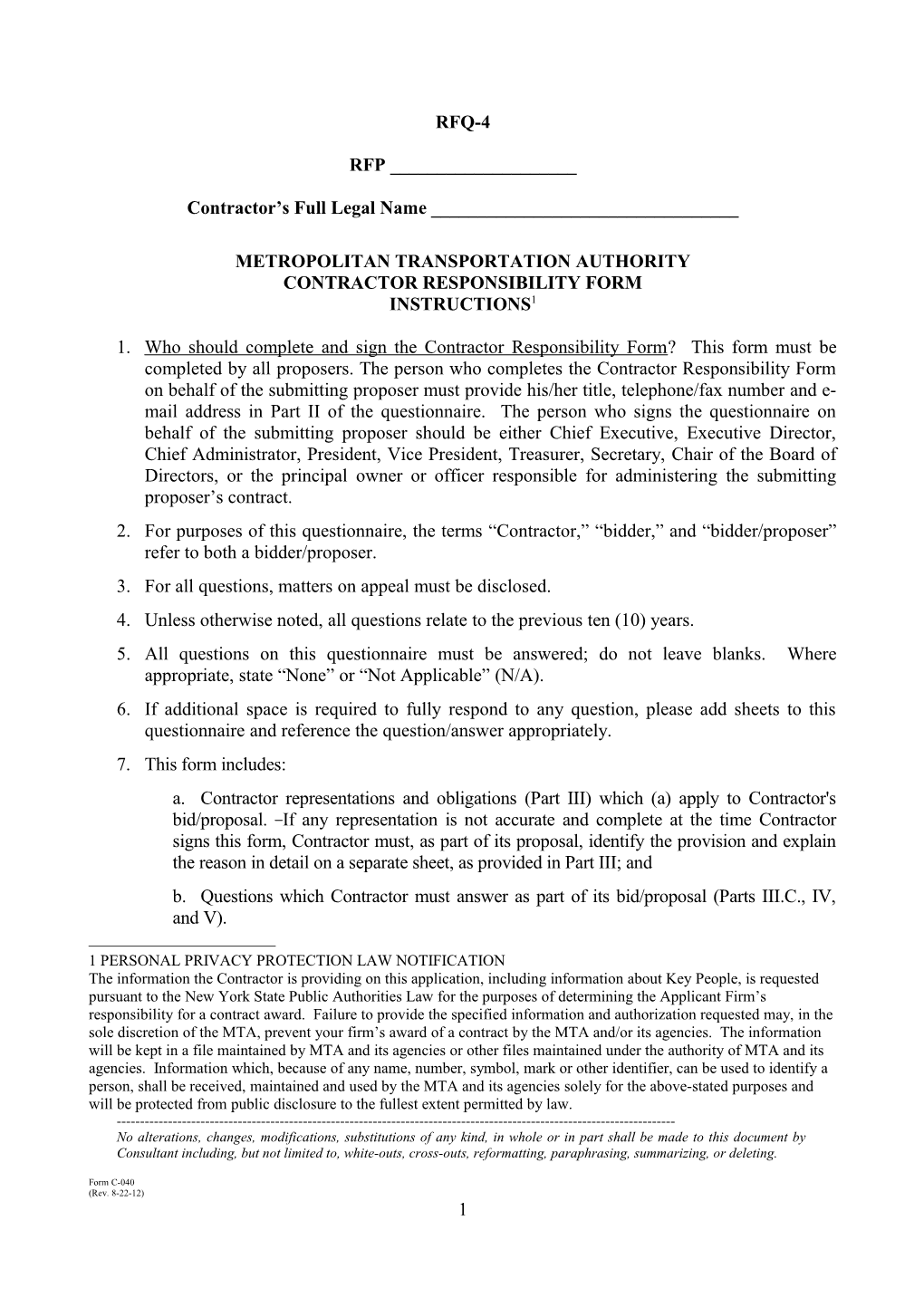 Contractor Responsibility Form - 10/6 Draft (RB2357).DOC