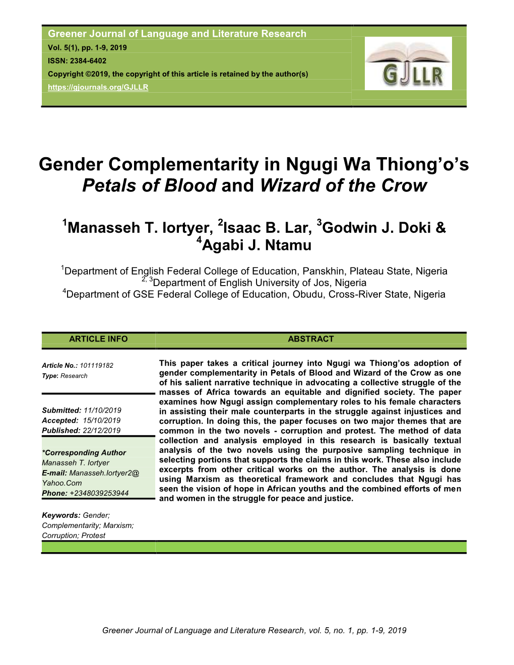 Gender Complementarity in Ngugi Wa Thiong'o's Petals of Blood And