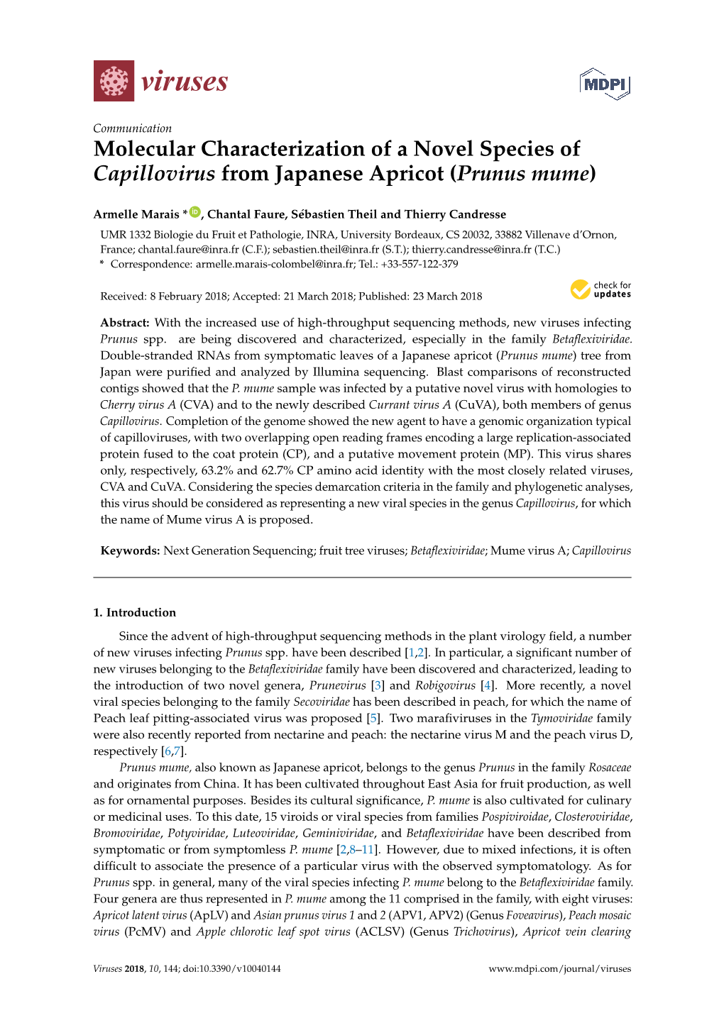 Molecular Characterization of a Novel Species of Capillovirus from Japanese Apricot (Prunus Mume)