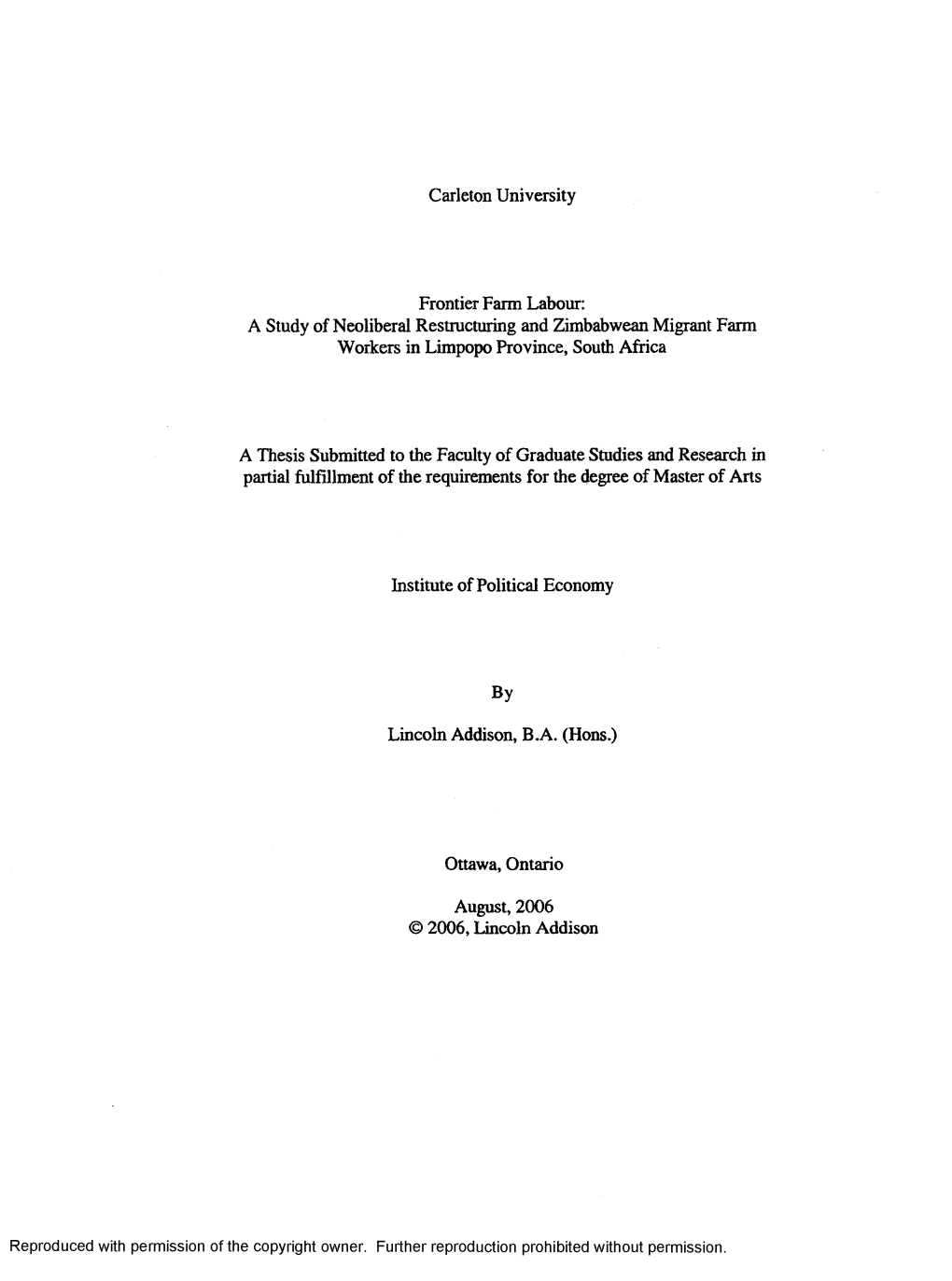 A Study of Neoliberal Restructuring and Zimbabwean Migrant Farm Workers in Limpopo Province, South Africa