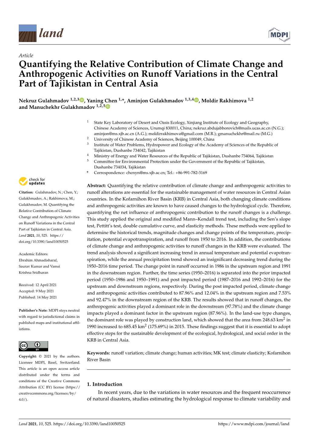 Quantifying the Relative Contribution of Climate Change and Anthropogenic Activities on Runoff Variations in the Central Part of Tajikistan in Central Asia