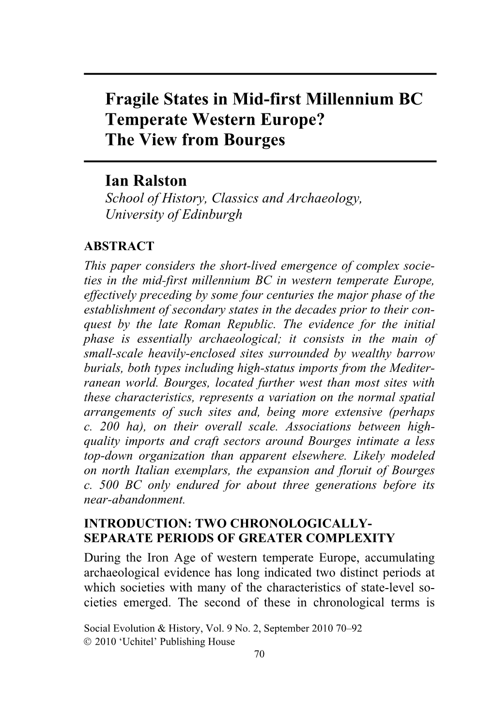 Fragile States in Mid-First Millennium BC Temperate Western Europe? the View from Bourges