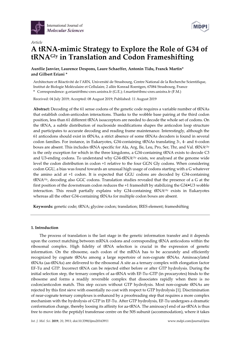 A Trna-Mimic Strategy to Explore the Role of G34 of Trnagly in Translation and Codon Frameshifting