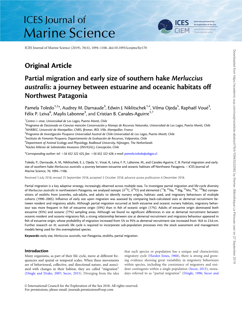 Original Article Partial Migration and Early Size of Southern Hake Merluccius Australis: a Journey Between Estuarine and Oceanic Habitats Off Northwest Patagonia