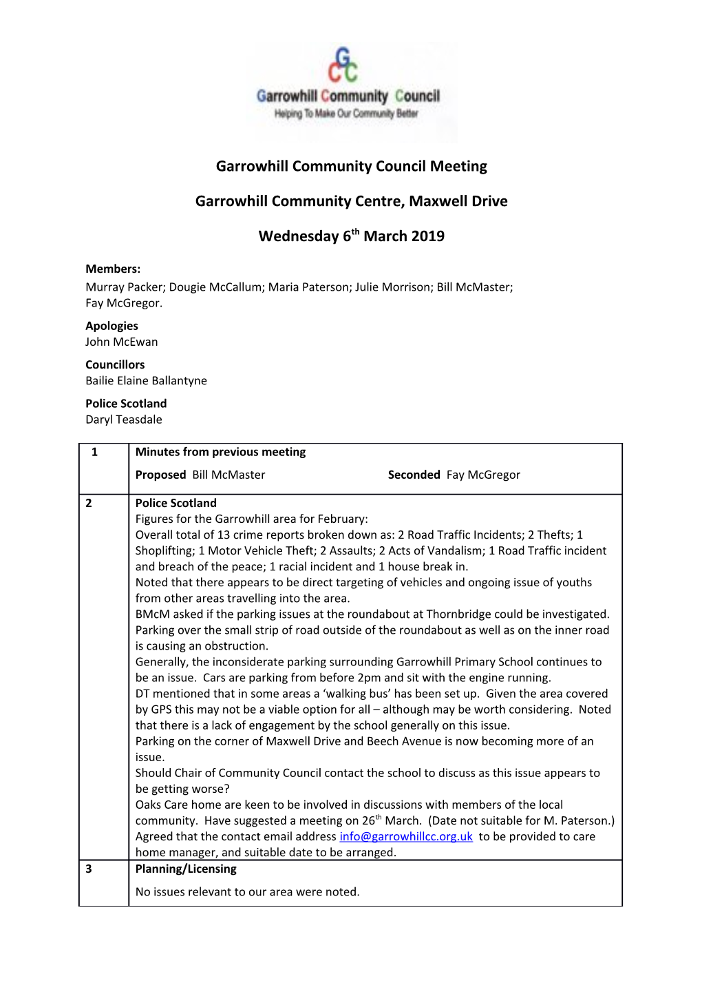 Garrowhill Community Council Meeting Garrowhill Community Centre, Maxwell Drive Wednesday 6Th March 2019