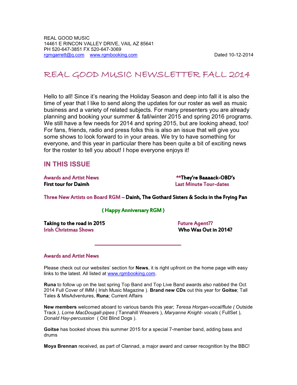 REAL GOOD MUSIC FALL 2014 NEWSLETTER.Pdf