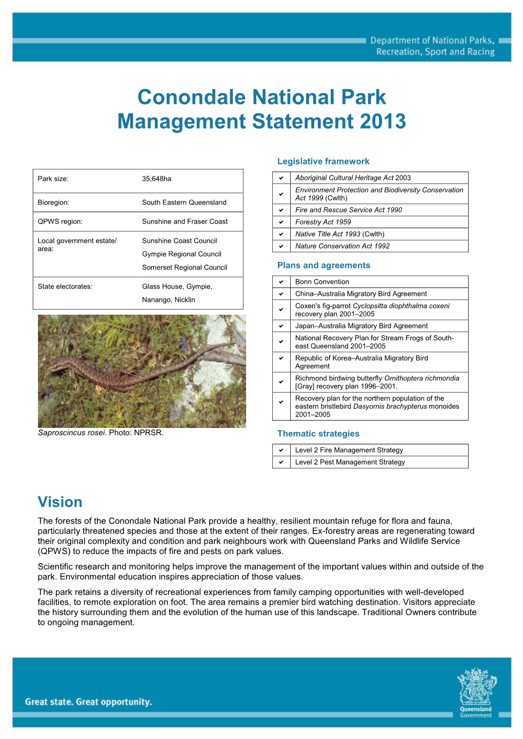 Conondale National Park Management Statement 2013
