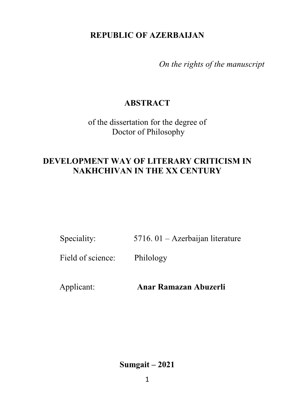 REPUBLIC of AZERBAIJAN on the Rights of the Manuscript ABSTRACT