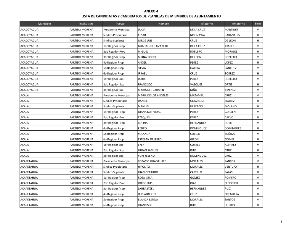 Anexo 4 Lista De Candidatas Y Candidatos De Planillas De Miembros De Ayuntamiento