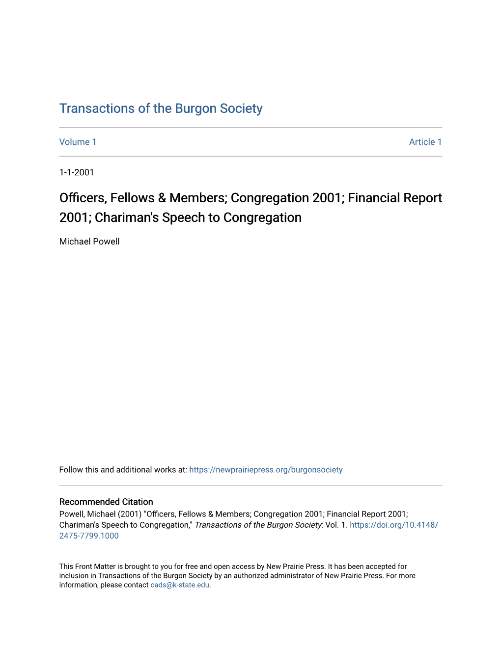 Financial Report 2001; Chariman's Speech to Congregation