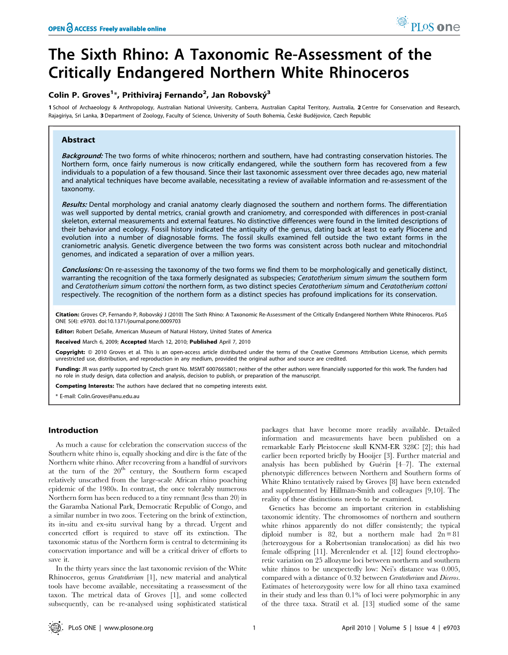 The Sixth Rhino: a Taxonomic Re-Assessment of the Critically Endangered Northern White Rhinoceros