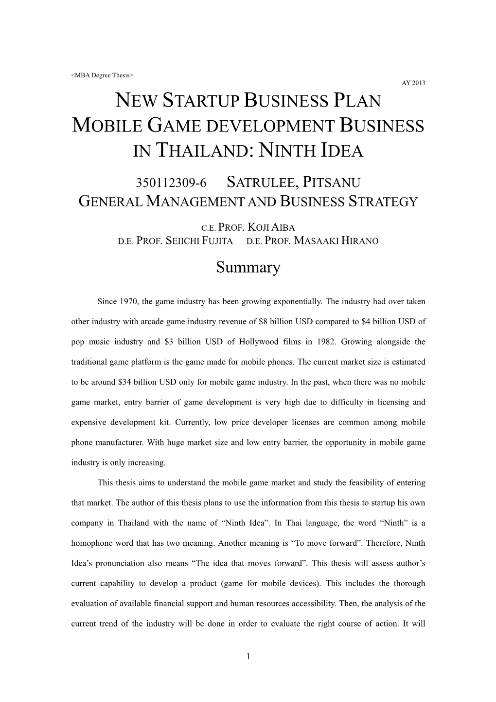 New Startup Business Plan Mobile Game Development Business in Thailand: Ninth Idea