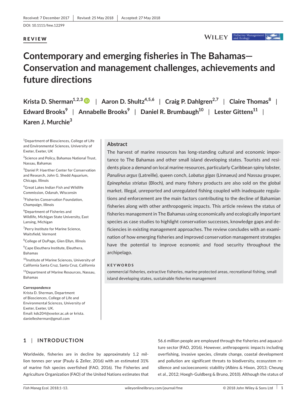 Contemporary and Emerging Fisheries in the Bahamas—Conservation and Management Challenges, Achievements and Future Directions