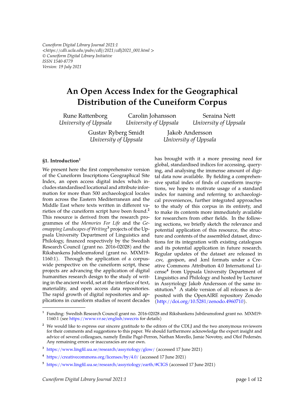 An Open Access Index for the Geographical Distribution of the Cuneiform Corpus