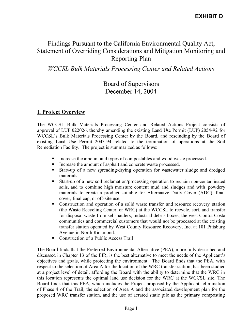 Findings Pursuant to the California Environmental Quality Act