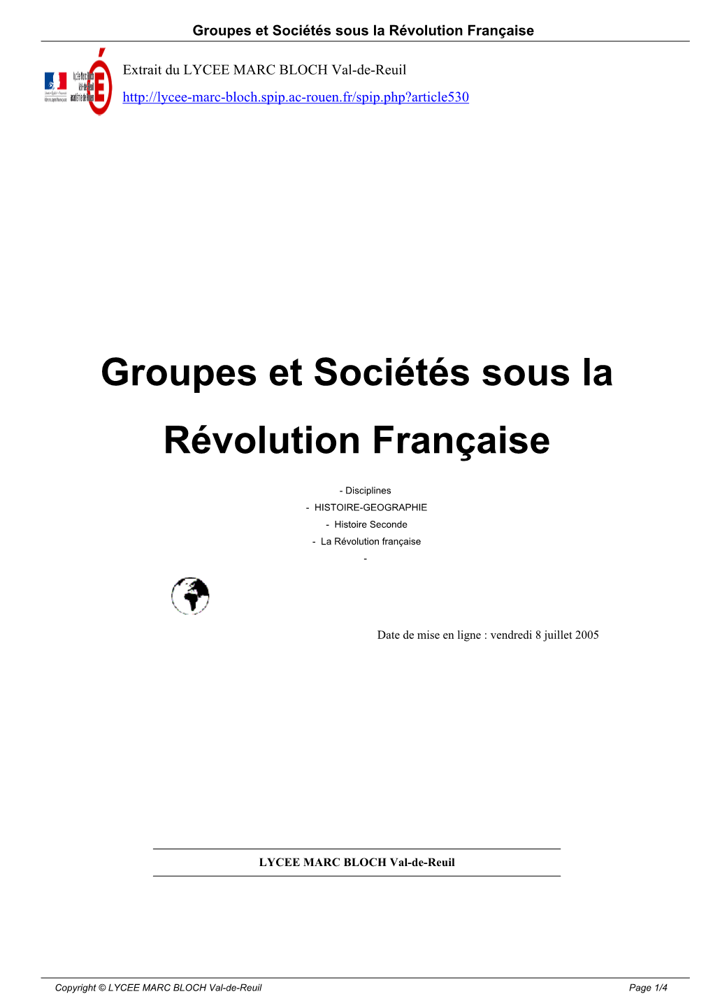 Groupes Et Sociétés Sous La Révolution Française