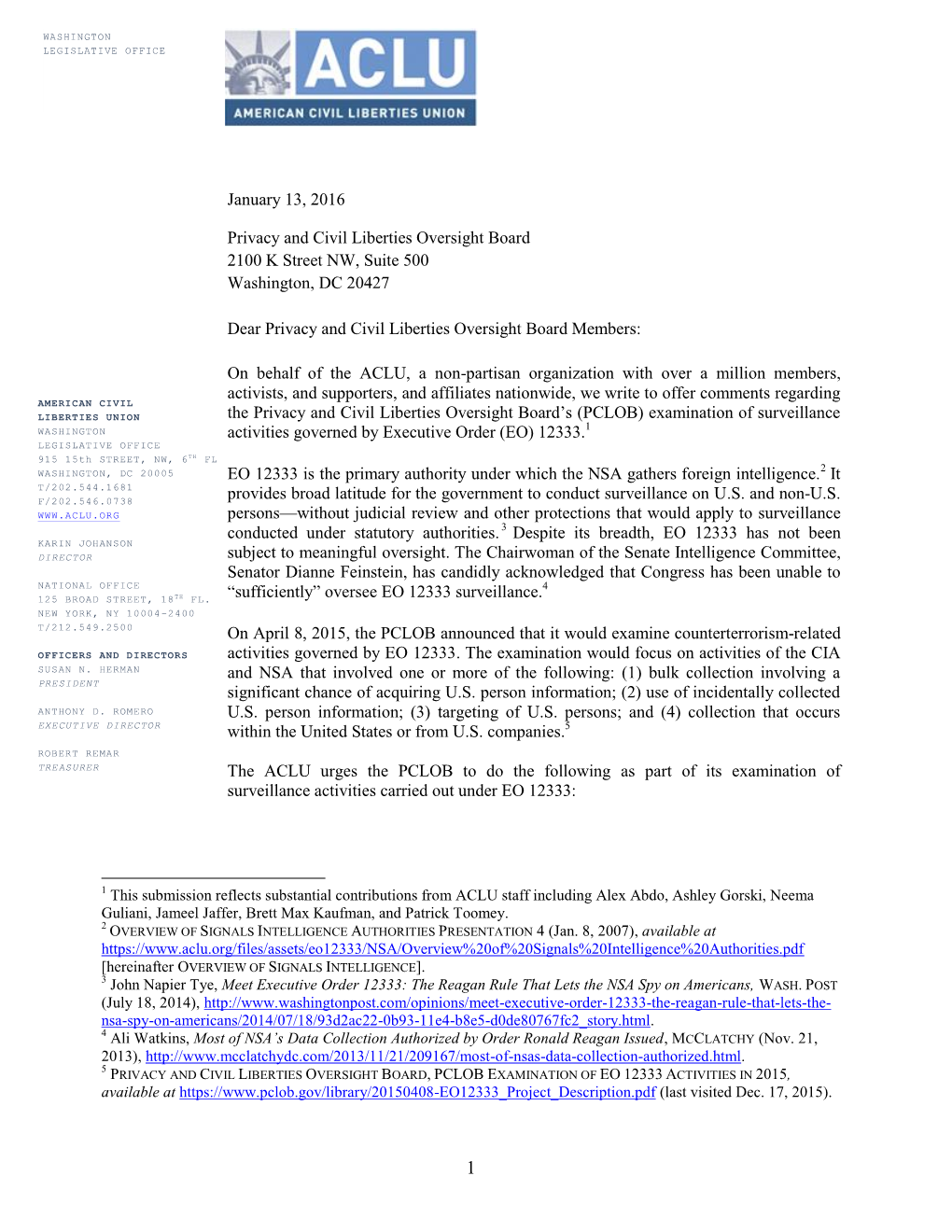 January 13, 2016 Privacy and Civil Liberties Oversight Board 2100 K