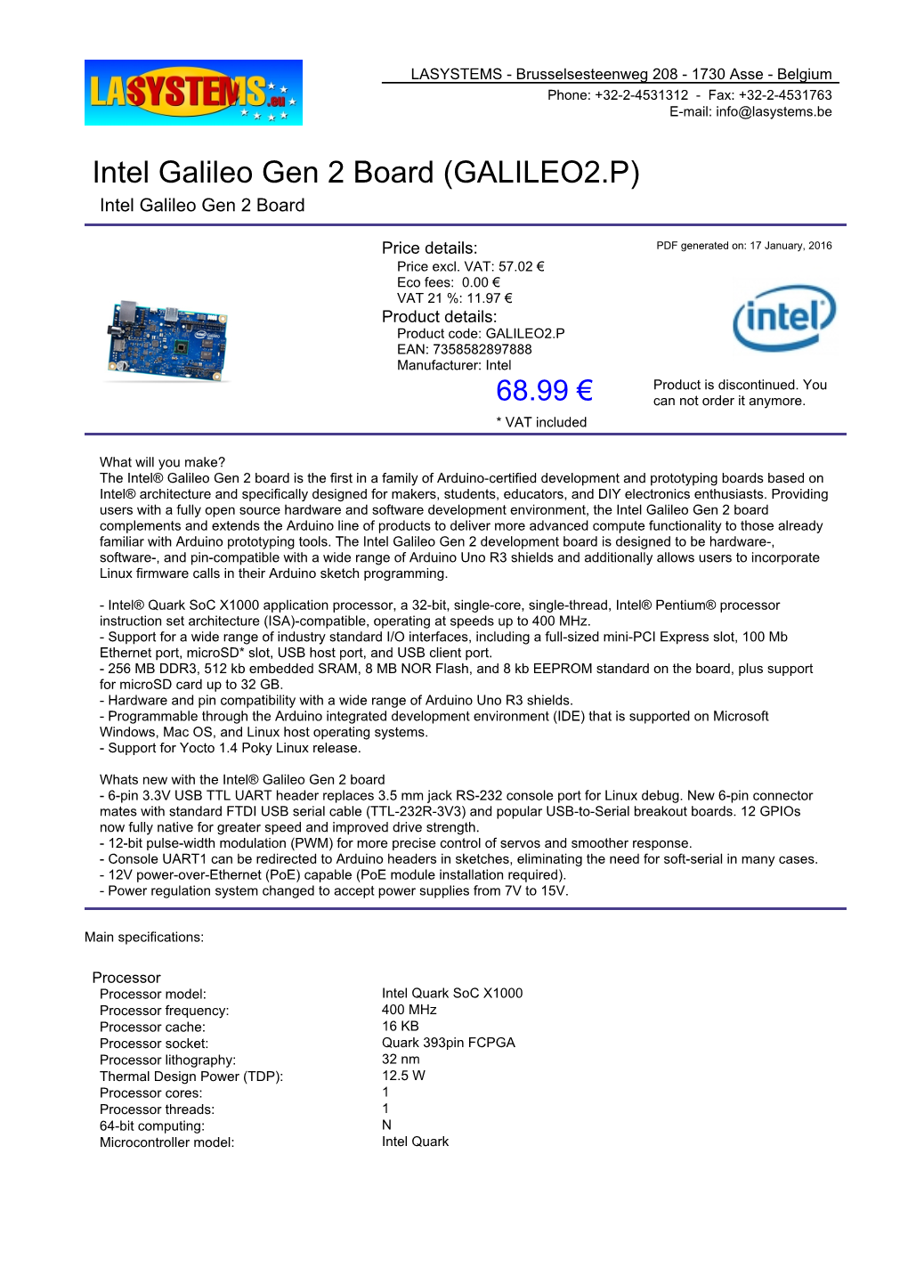 Intel Galileo Gen 2 Board (GALILEO2.P) Intel Galileo Gen 2 Board