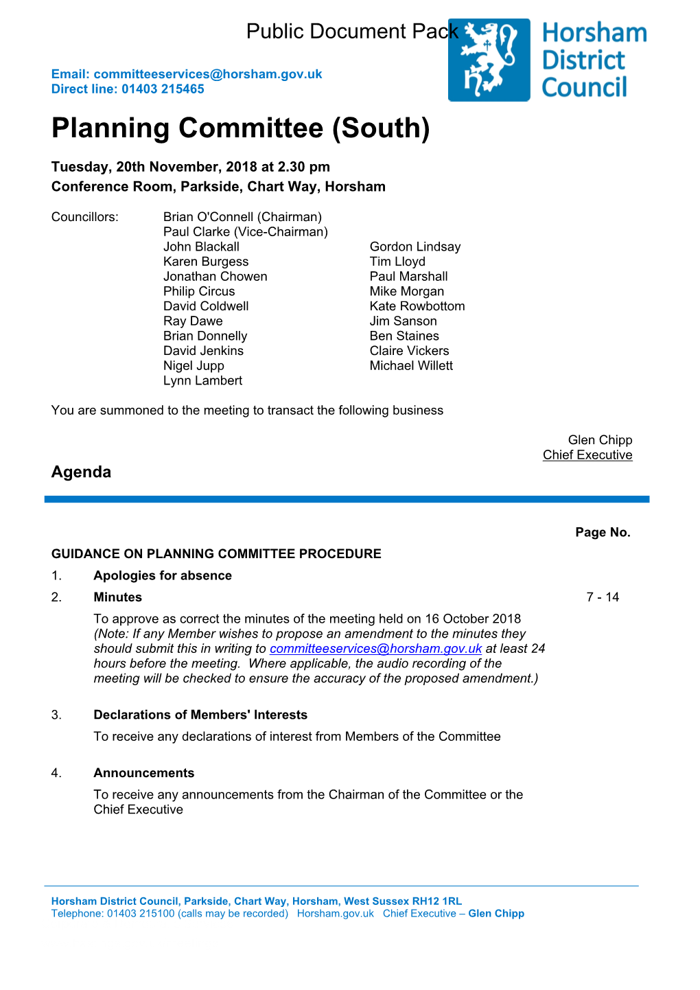 (Public Pack)Agenda Document for Planning Committee (South), 20/11/2018 14:30