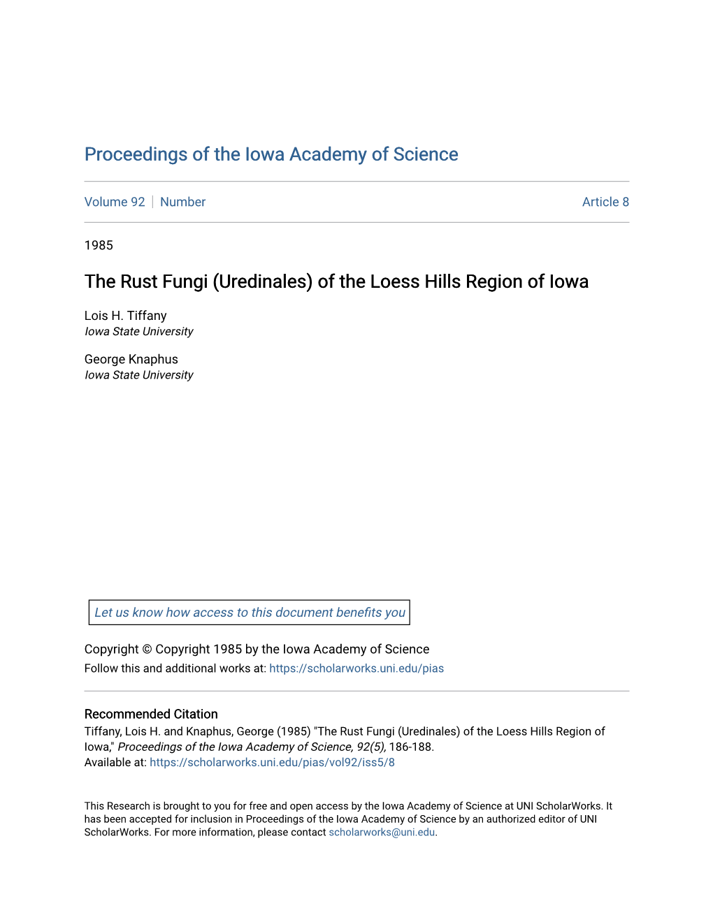 The Rust Fungi (Uredinales) of the Loess Hills Region of Iowa