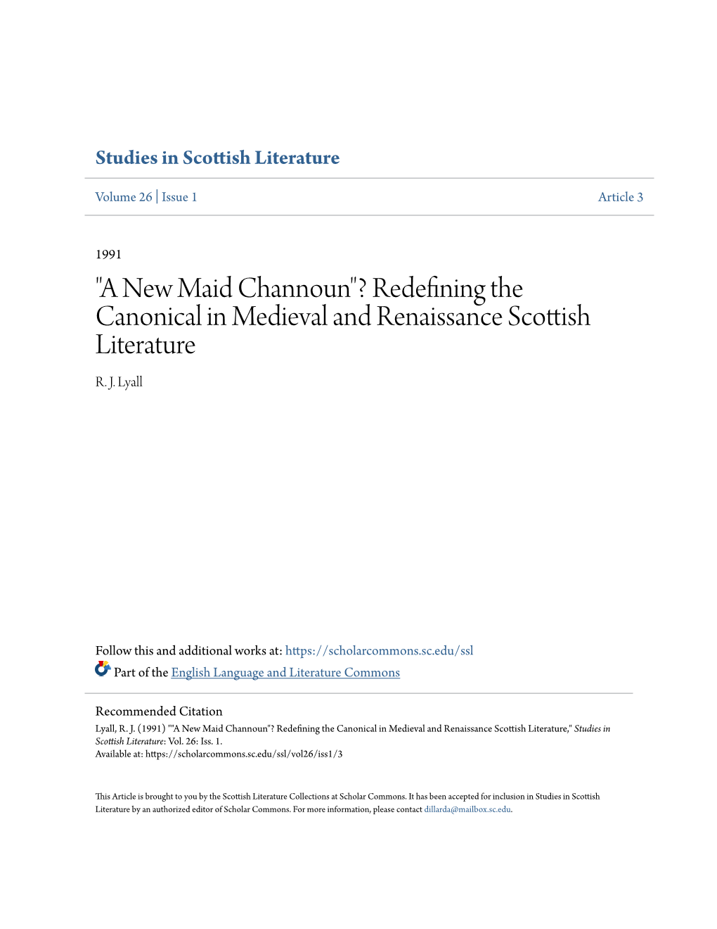 Redefining the Canonical in Medieval and Renaissance Scottish Literature R